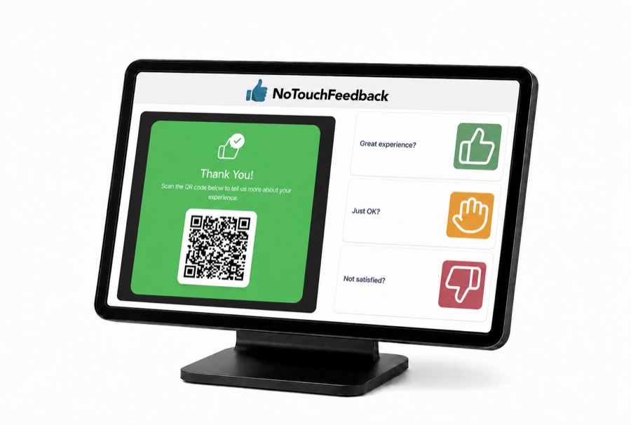NoTouchFeedback kiosk showing three feedback levels: Great experience, Just OK, Not satisfied